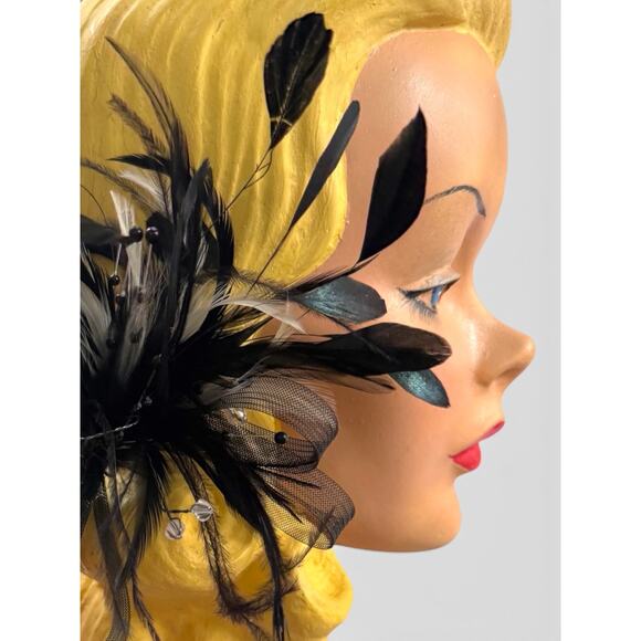 Bel Aire Bridal Black Feather Fascinator Hair Clip Mesh Beaded Formal Gothic main image 5